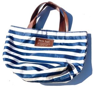 Nautical Striped Tote Bag with Brown Handles Small Used